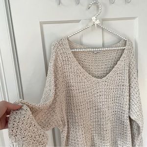 Cream Crochet V-Neck Sweater